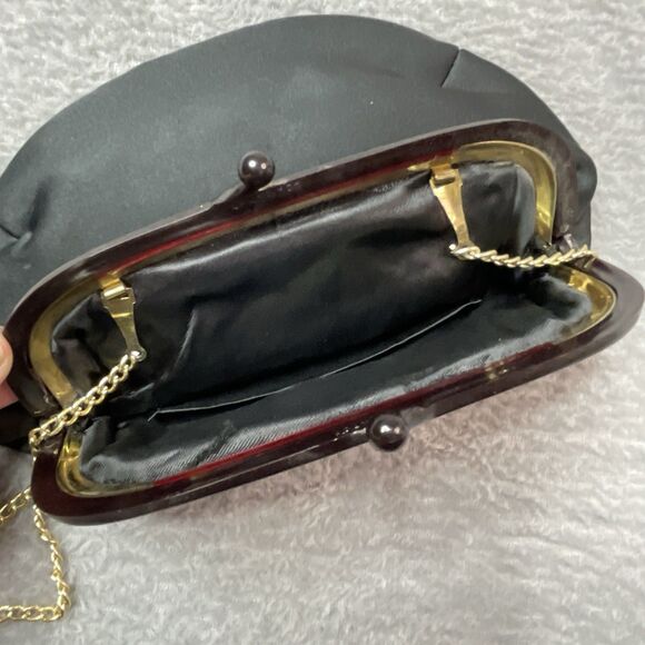 Vintage Black Silk Bag Gold Chain Classy Chic Festival Unique Glamorous Hand Bag - Picture 8 of 8